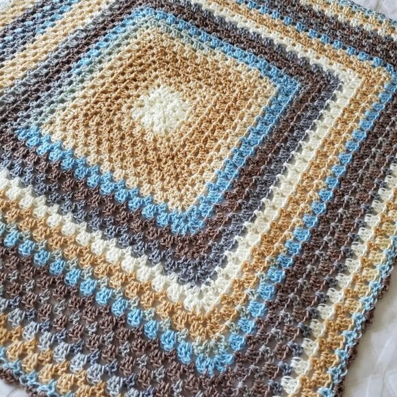 Crochet BABY BLANKET AFGHAN Lap Granny Square 30"x 30" Beige Blue Gray Brown New - Picture 10 of 13